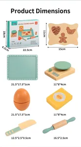 Detailed dimensions of wooden baking toy set components with box and accessories