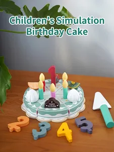 Detailed view of a wooden simulation birthday cake toy set for kids' role-playing