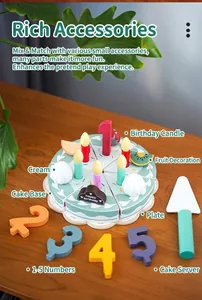 Detailed macro view of wooden simulation play food cake set with candles and colorful numbers