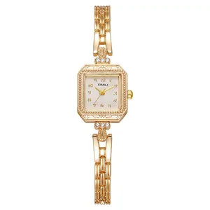 Vintage square gold-tone bracelet quartz watch with elegant patterned bezel for women