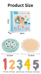 Product dimensions for wooden birthday cake toy set including packaging and numbers