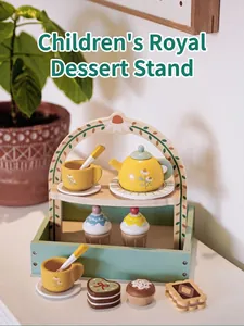 Detailed view of a wooden afternoon tea toy set with floral arch stand and desserts