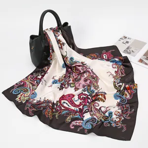 Elegant Paisley Print Satin Square Scarf for Women Large Silk Like Shawl Wrap Fashion Neck Accessory Daily Sun Protection