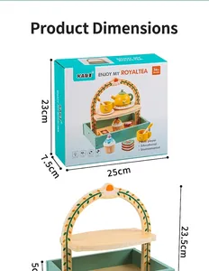 Detailed dimensions showing the size of the wooden pretend play tea set and packaging