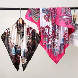 Elegant 90cm large satin square scarf with colorful bohemian paisley pattern for women