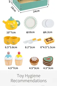 Detailed view of wooden pretend play tea and dessert set with item dimensions