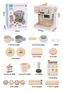 Detailed overview of a wooden coffee maker play house toy set with dimensions in CM