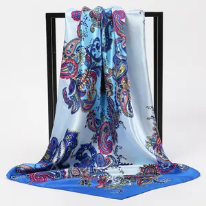 Elegant blue paisley pattern satin square scarf shawl for women's sun protection