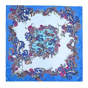 Elegant 90cm blue and white square satin scarf with colorful paisley floral pattern for women