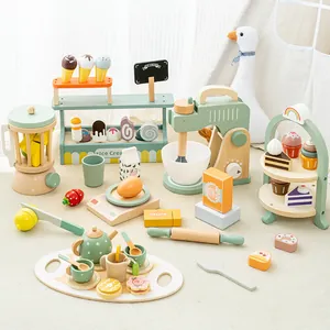 Wooden Simulation Kitchen Toys Kids Afternoon Tea Coffee Machine Dessert Rack Educational Role Play Playroom Toys