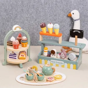 Wooden afternoon tea and dessert play set for children role playing toy in pastel colors