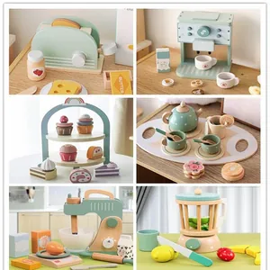 Wooden play kitchen toy set with toaster coffee maker dessert stand and accessories