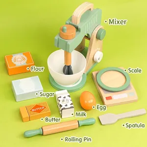 Complete wooden kitchen play set featuring a stand mixer, scale and baking ingredients