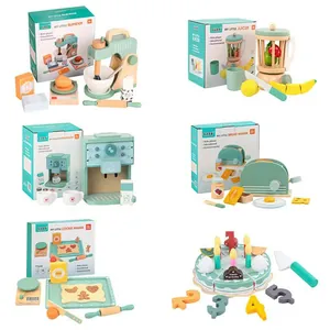 Set of six wooden pretend play kitchen appliances including blender and coffee maker