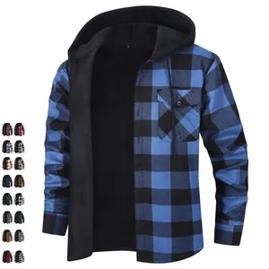 Detail view of blue and black plaid hooded shirt jacket for men with button closure