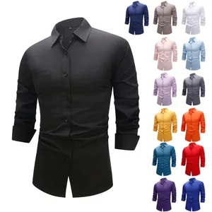 Detailed view showing a black men's stretch business long sleeve shirt with multi-color options