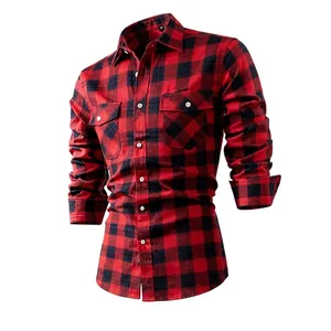 Vista detallada de una camisa de cuadros rojos y negros de manga larga para hombre slim fit.