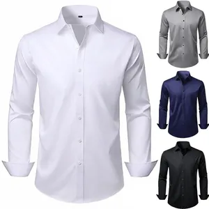 Detailed view of men's slim fit long-sleeved business shirts in white, grey, navy, and black