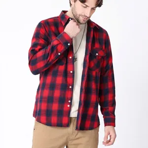 Close-up of a red and black plaid long-sleeved casual shirt for men