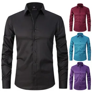Detailed view of men's long sleeve slim fit shirts available in four vibrant solid colors