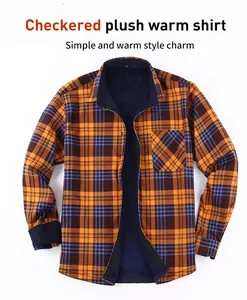 Detail of men's checkered shirt with navy blue plush fleece lining for winter.