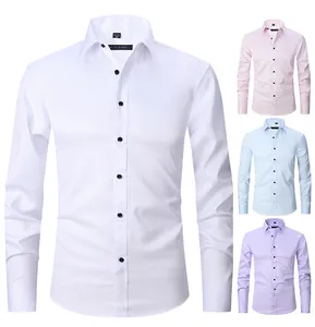 Professional detail view of men's anti-wrinkle four-way stretch shirts in various colors