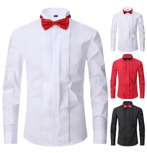 Detailed view of men's slim fit dress shirt with pleated front and stylish bow tie