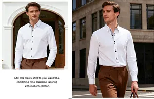 Elegantes weißes Langarm-Herrenhemd mit Kontrast-Innenkragen und Knopfleiste-Details.