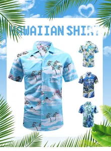 Detail of vintage short sleeve Cuban collar Hawaiian beach shirt with landscape print.