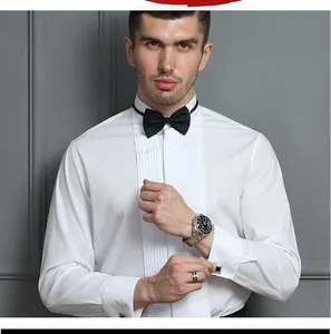 Detail of white formal tuxedo shirt for men with pleated front and slim fit design