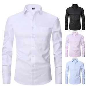 Detailed view of men's long-sleeved business shirts in various classic solid colors.