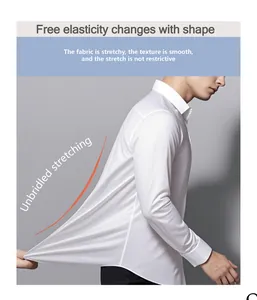 Close-up of a men's white long-sleeve shirt showing its high elasticity and smooth fabric.