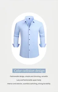 Camisa de negocios de manga larga para hombre en azul claro con tela súper elástica