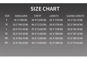 Comprehensive size chart for men's long sleeve business shirt with detailed measurements.