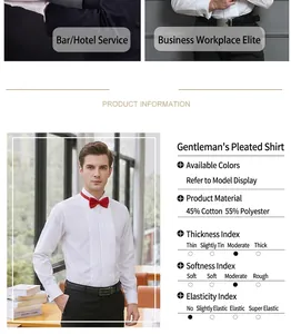 Detail view of slim fit white tuxedo shirt with pleated front and fabric specs.