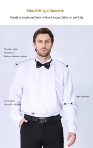 Detailed view of men's slim-fit white tuxedo shirt with pleated bib and bow tie