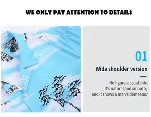 Detailed view of a light blue Hawaiian shirt featuring a pine tree print and Cuban collar