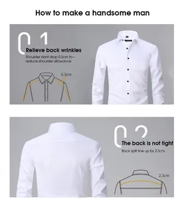 Detail view of a white business shirt highlighting shoulder slant and back split design.