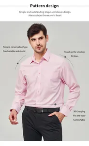Macro detail view of men's pink long-sleeve casual shirt showing 3D cropping and fit