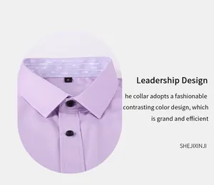 Close-up detail of a light purple men's four-way stretch shirt with contrast collar design.
