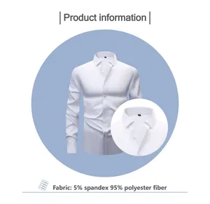 Detail view of men's white wrinkle-resistant shirt with fabric information
