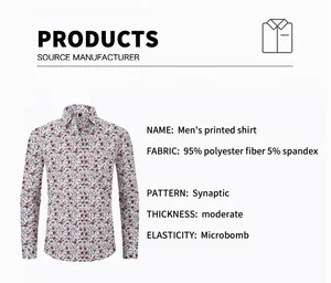 Détail de la chemise imprimée pour hommes avec informations sur le tissu technique.