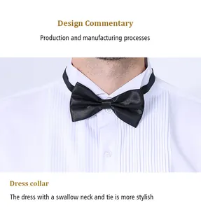 Close-up view of the premium white pleated dress shirt collar with a black bowtie.