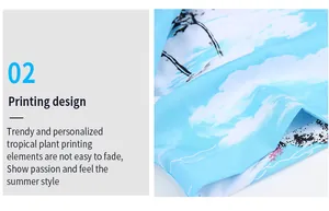 Macro view of blue tropical landscape print on summer Hawaiian shirt fabric