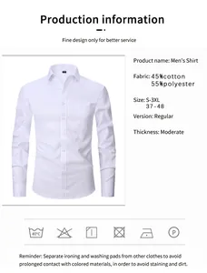 Detail view of men's white long-sleeve cotton blend shirt with product specifications.