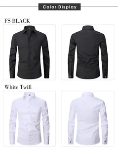 Front and back views of men's long sleeve French shirts in black and white twill