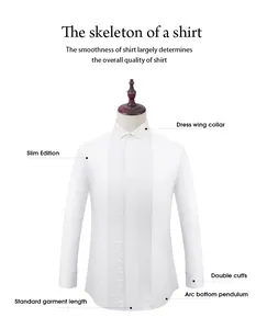 Detail view of a slim fit white dress shirt featuring wing collar and pleated front.