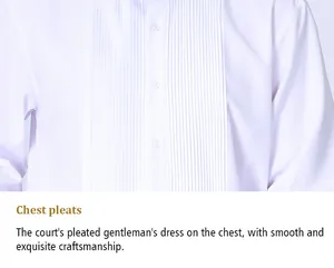 Detailed view of exquisite chest pleats on a white men's formal tuxedo shirt.