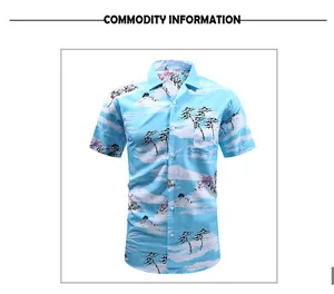 Detailed view of a retro blue Hawaiian short sleeve shirt with mountain print and Cuban collar