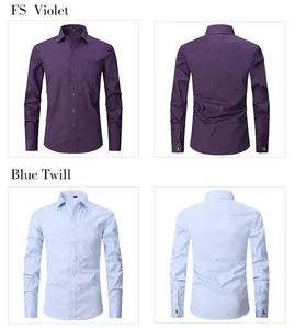 Comparison of purple and light blue French long sleeve shirts with front and back views